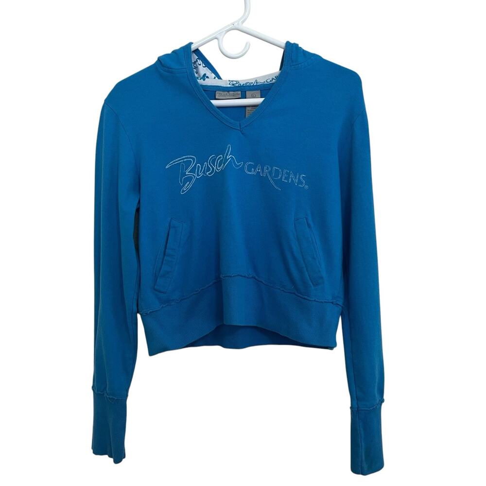 Busch Gardens | Blue Crop Raw Hem Y2K Spellout Hoodie Women’s Large
